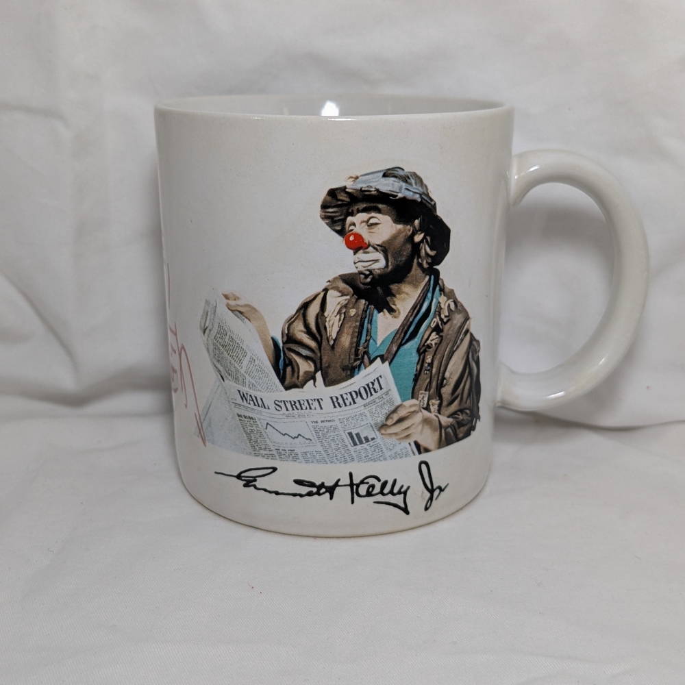 Vintage Emmett Kelly Jr clown SIGNED AUTOGRAPHED coffee mug cup, Japan ceramic